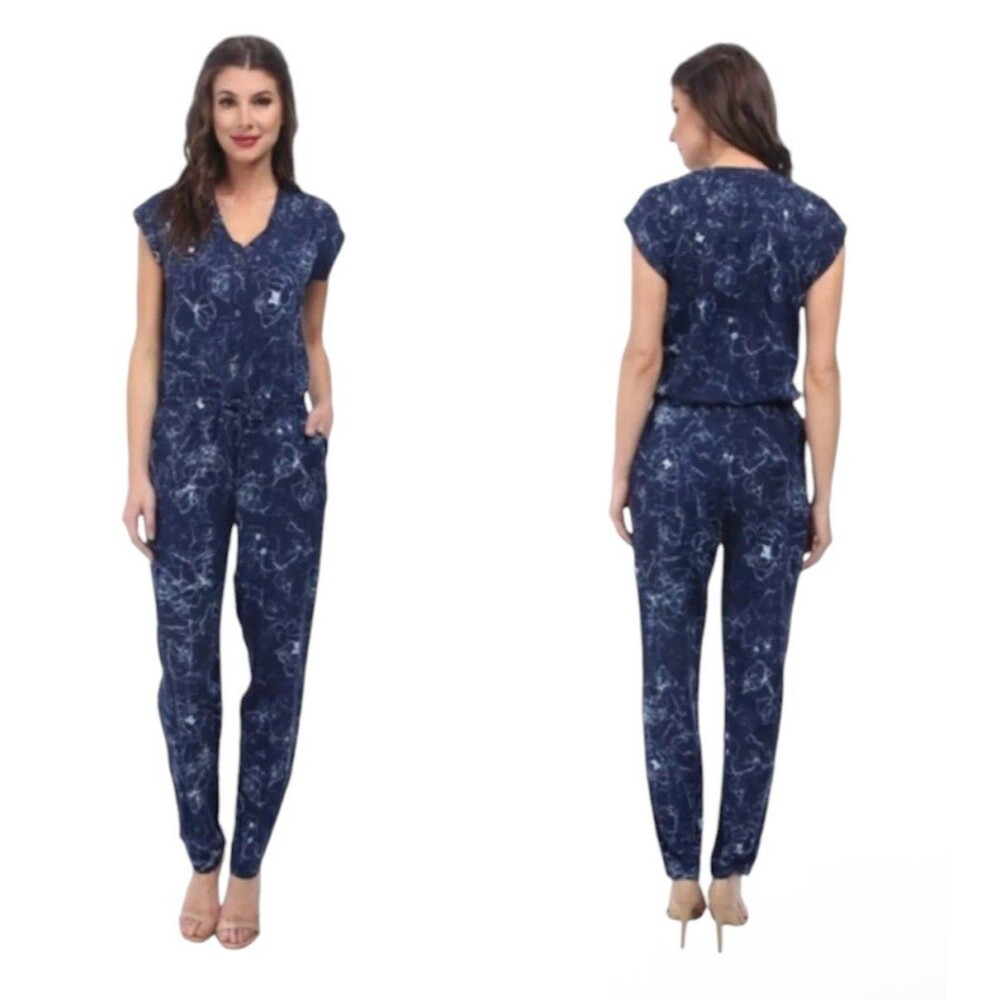 SAM EDELMAN Jumpsuit, Blue White Floral Sleeveless Button Down Tie Front, 6